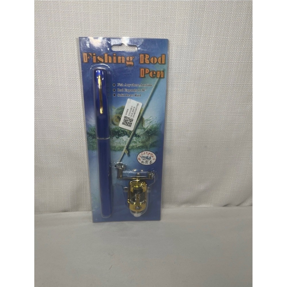 Portable Fishing Rod Pen Blue Compact Pocket Size Collapsible Rod Brass Reel